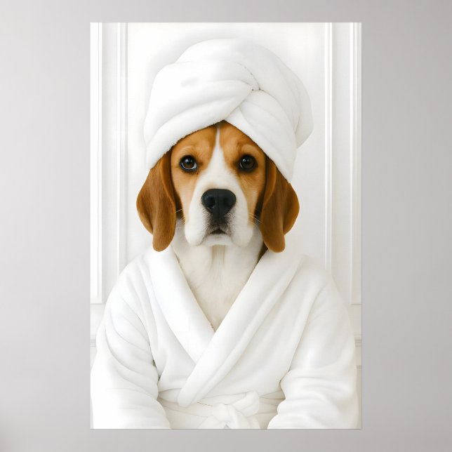 Funny Beagle Bathroom Print, Beagle In Bathrobe Poster (Framsidan)