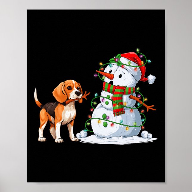 Funny Beagle Hund Snögubbe Julgran Ljus Xma Poster (Framsidan)