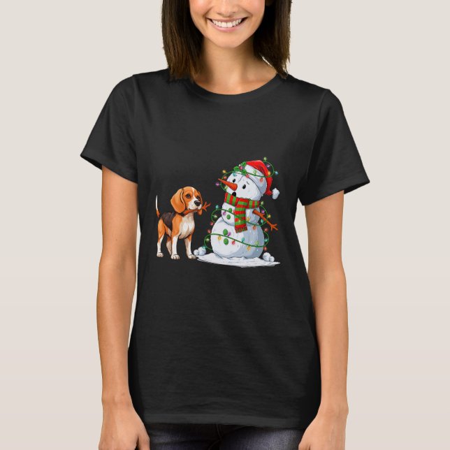 Funny Beagle Hund Snögubbe Julgran Ljus Xma T Shirt (Framsida)