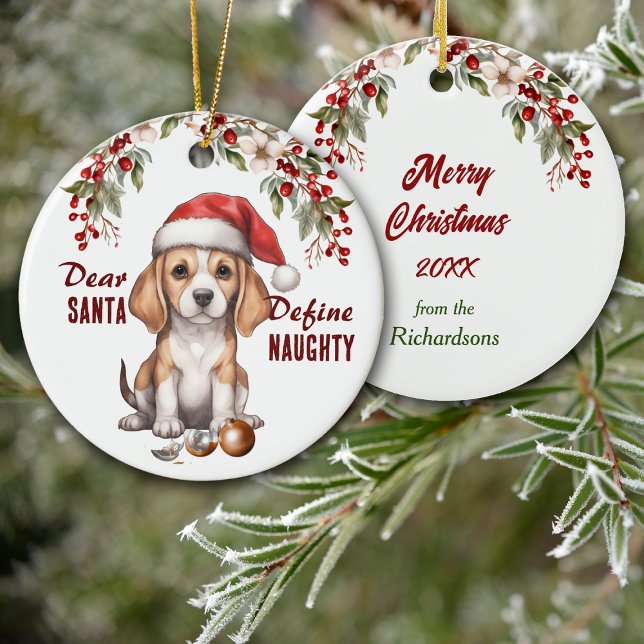 Funny Beagle Puppy Define Naughty jul Julgransprydnad Keramik (Skapare uppladdad)