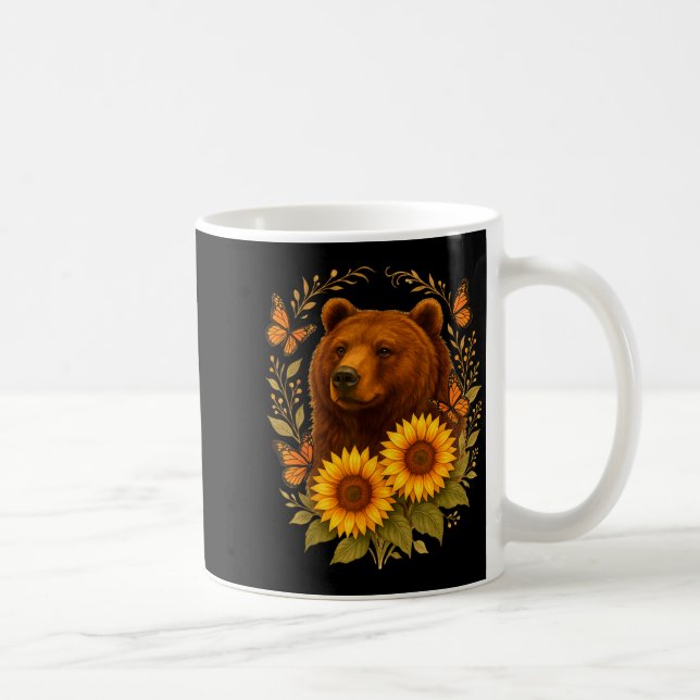 Funny Bear Butterfly Nature Rustic Sunflower Monar Kaffemugg (Höger)