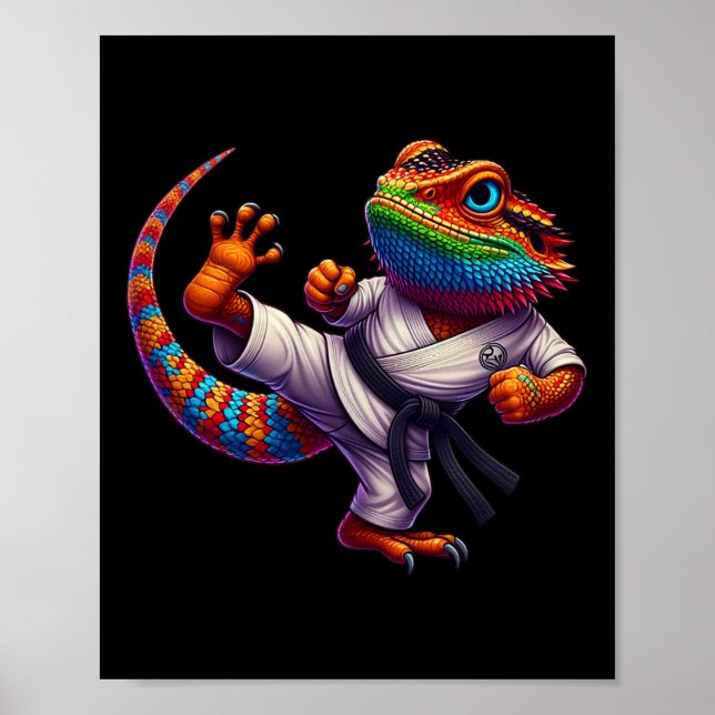 Funny Bearded Dragon High Kick Karate Samurai Ninj Poster (Framsidan)