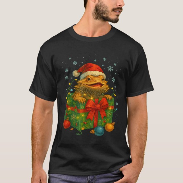 Funny Bearded Dragons Santa Christmas Tree Lights  T Shirt (Framsida)