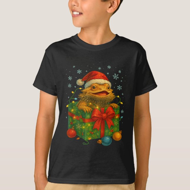 Funny Bearded Dragons Santa Christmas Tree Lights  T Shirt (Framsida)