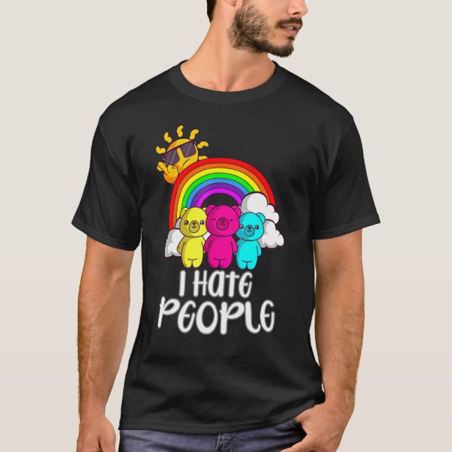 Funny Bears And Rainbow I Hate People Antisocial I T Shirt (Framsida)