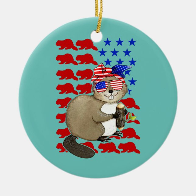 Funny Beaver American Flagga Beaver Älskare 4:e av Julgransprydnad Keramik (Framsidan)