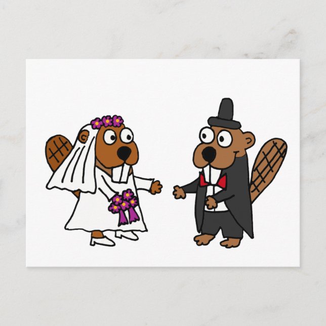Funny Beaver Bride och Groom Bröllop Vykort (Framsida)