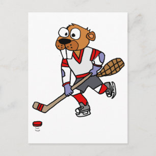Funny Beaver spelar Ice Hockey Tecknad Vykort