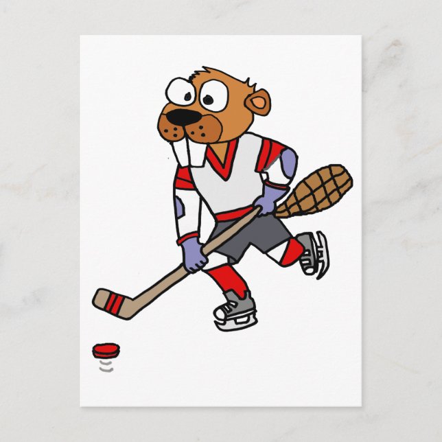 Funny Beaver spelar Ice Hockey Tecknad Vykort (Framsida)