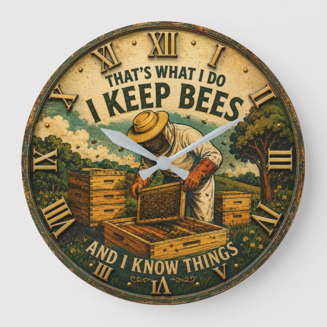 Funny Beekeepe That's What I Do I Keep Bees Rustic Stor Klocka (Framsida)
