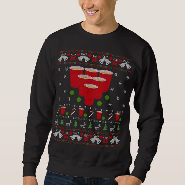Funny Beer Pong Game Ugly jul Sweater Gift f Lång Ärmad Tröja (Framsida)