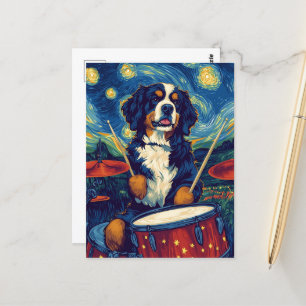 Funny Bernese Mountain Hund Drummer Vykort