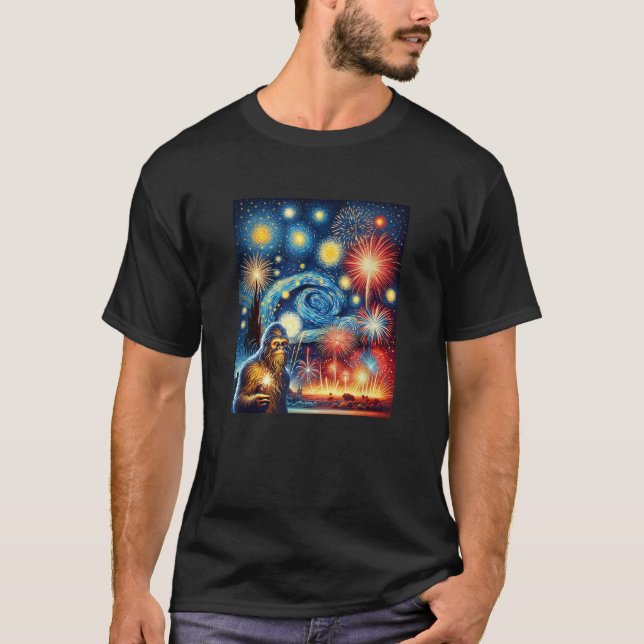 Funny Bigfoot 4:e van Gogh Starry Night Firew T Shirt (Framsida)