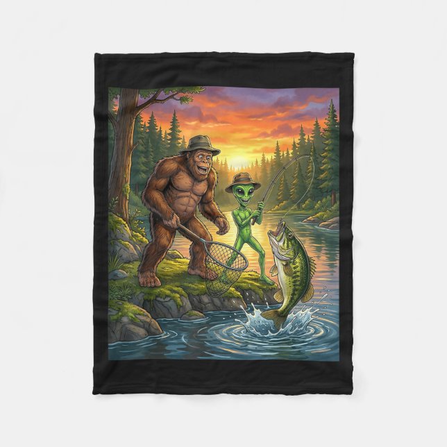 Funny Bigfoot Fishing Mens Alien Sasquatch Fishing Fleecefilt (Framsidan)