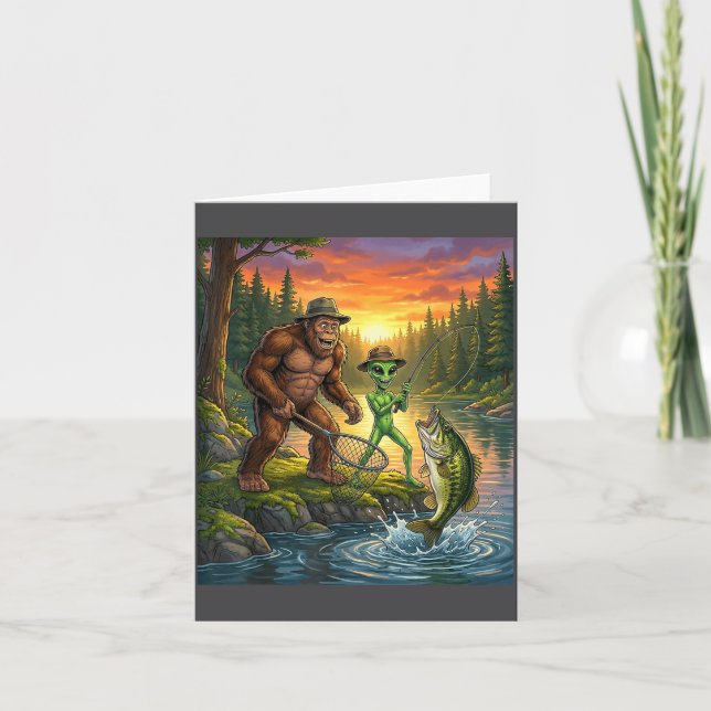 Funny Bigfoot Fishing Mens Alien Sasquatch Fishing Kort (Framsida)
