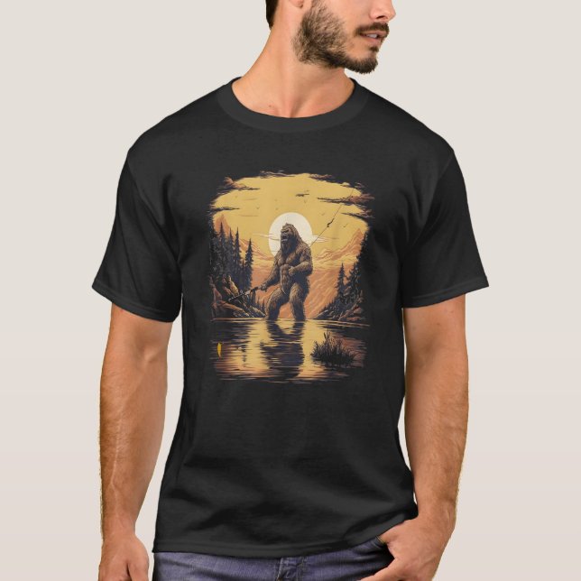 Funny Bigfoot Flygfiske Sunset Fishing Pappa Sasqu T Shirt (Framsida)