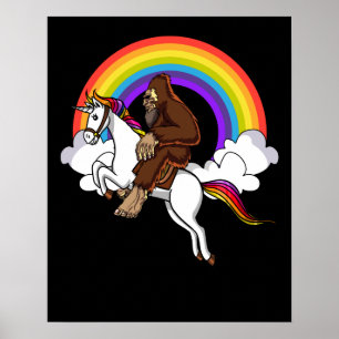 Funny Bigfoot Riding Magic Unicorn Rainbow Poster