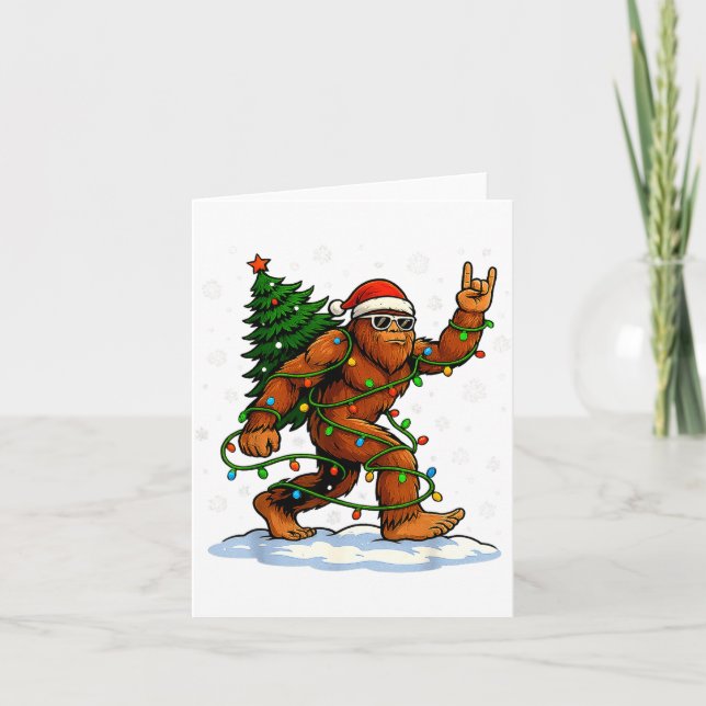 Funny Bigfoot Rock On Christmas Lights Snow Holida Kort (Framsida)