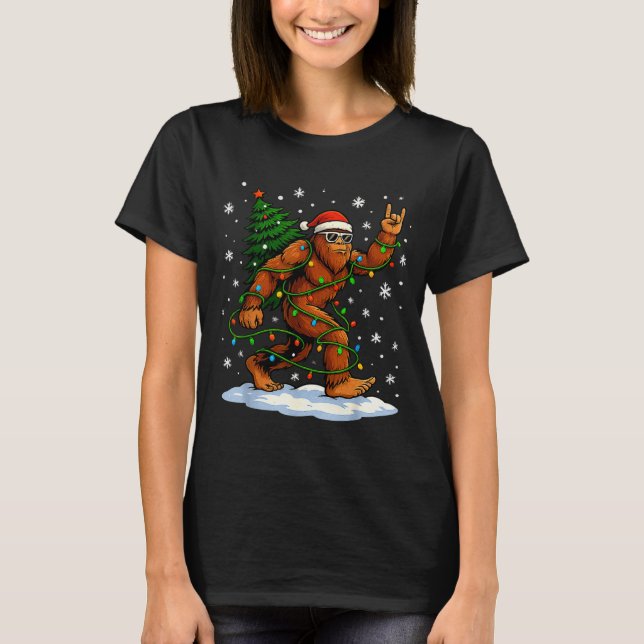 Funny Bigfoot Rock On Christmas Lights Snow Holida T Shirt (Framsida)