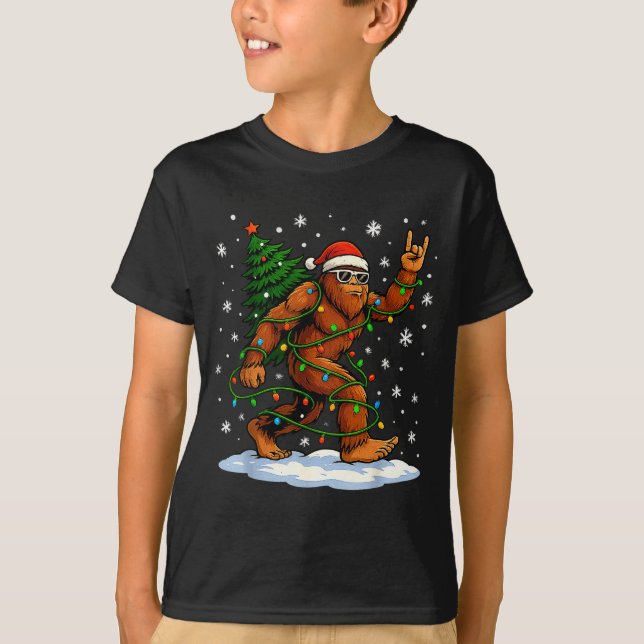 Funny Bigfoot Rock On Christmas Lights Snow Holida T Shirt (Framsida)