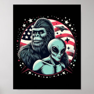 Funny Bigfoot Sasquatch Alien Amp Bigfoot USA flag Poster