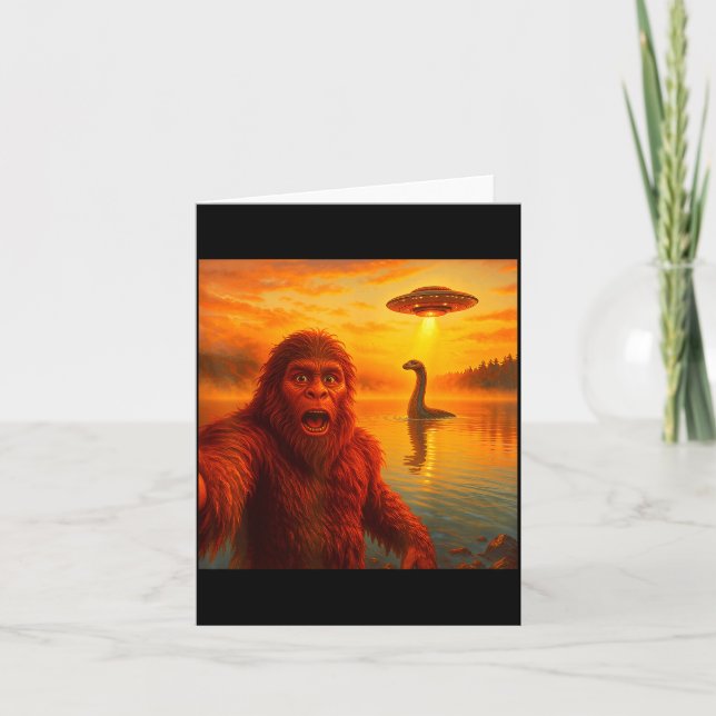 Funny Bigfoot Selfie With Loch Ness Monster And Uf Kort (Framsida)