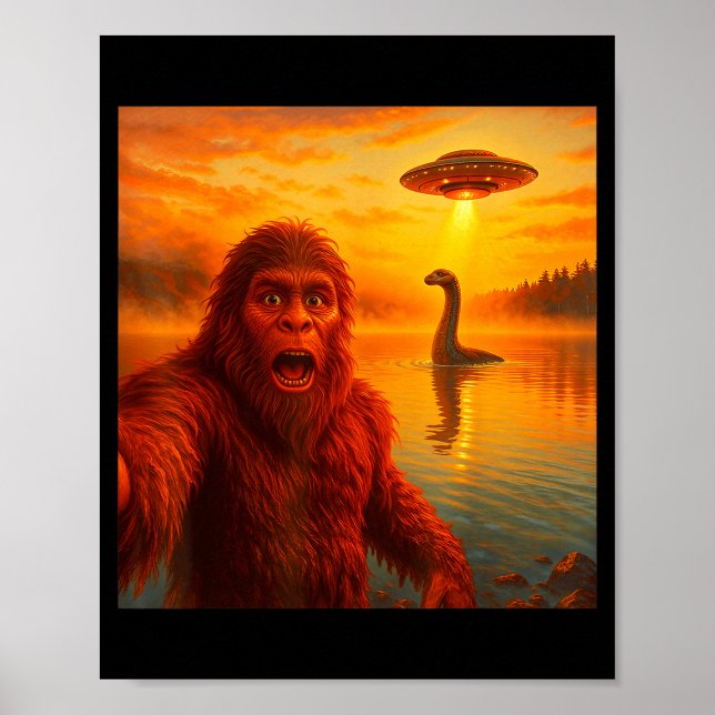 Funny Bigfoot Selfie With Loch Ness Monster And Uf Poster (Framsidan)