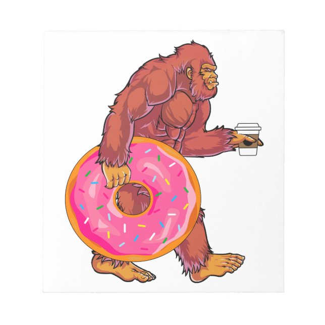 Funny Bigfoot Walking med Large Donut och kaffe Anteckningsblock (Framsida)
