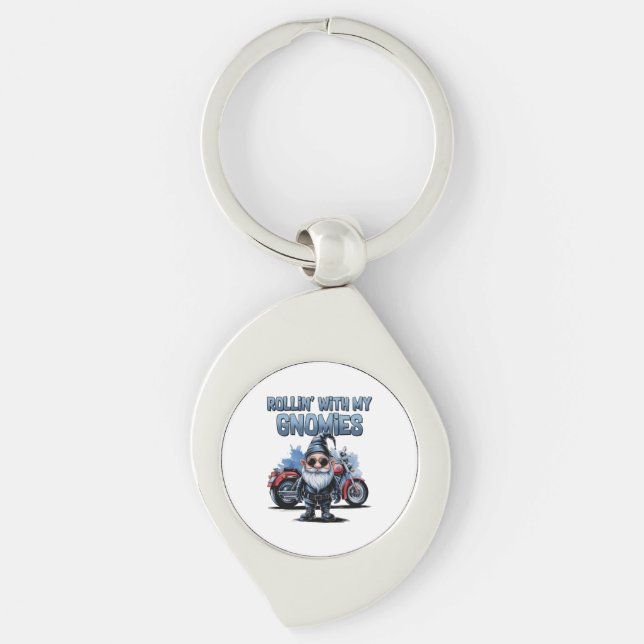 Funny Biker Gnome Keychain | Cool Gift for Bikers Swirl Silverfärgad Nyckelring (Framsidan)