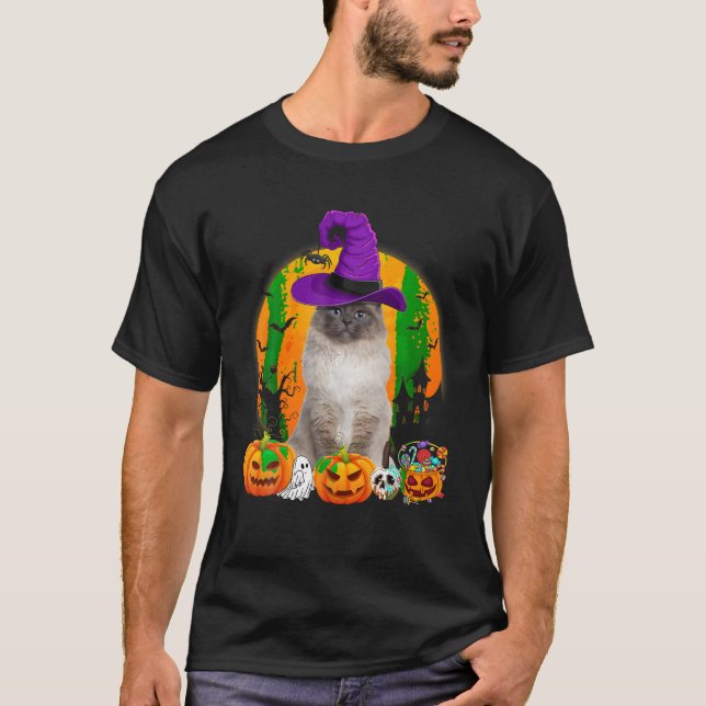 Funny Birman Cat Halloween Witch Pumpkin T Shirt (Framsida)