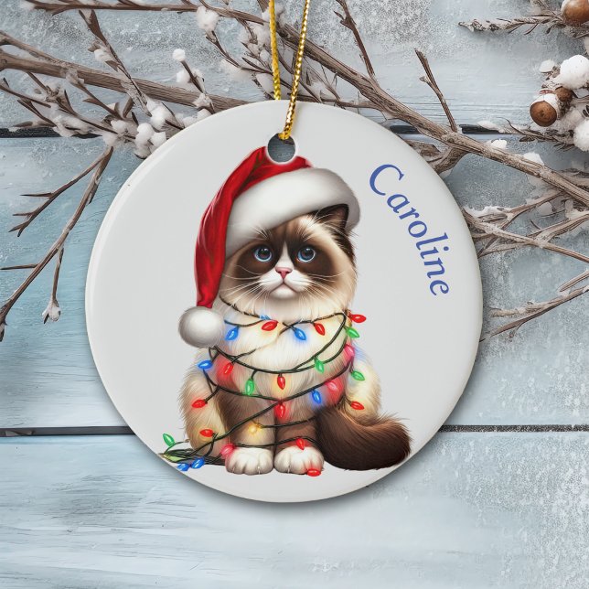 Funny Birman Cat Wrapped i julklapp Ljus Julgransprydnad Keramik (Skapare uppladdad)