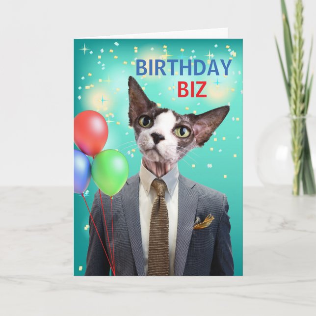 Funny Birthday Biz Cat i Kostym och Tie Kort (Framsida)
