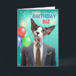 Funny Birthday Biz Cat i Kostym och Tie Kort<br><div class="desc">Födelsedag Biz. Ändra omslagstexten och det inre meddelandet som du vill. Ett pappert hälsningskort med hårlöst Bambino-katt med kostym och slips finns på kortets omslag. Gör dina stora affärer på din speciella dag! Art,  bild och versell copyright © Shoaff Ballanger Studios,  2025.</div>