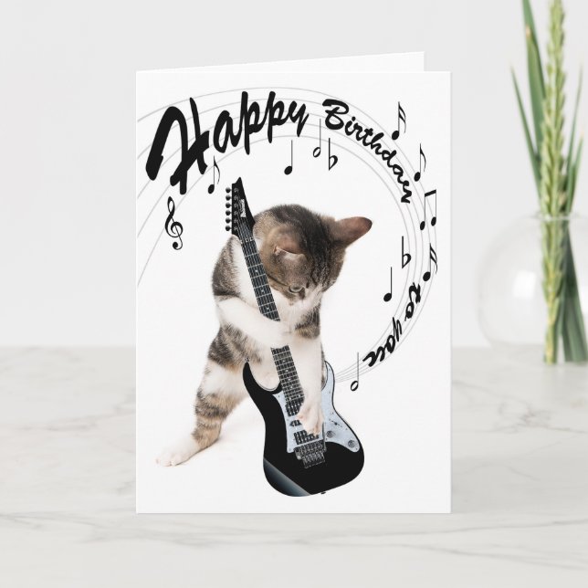 Funny birthday card cat with guitar kort (Framsida)