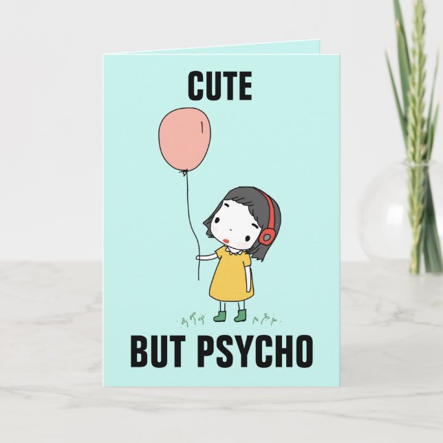 FUNNY BIRTHDAY CARD FOR SISTER, CUTE MEN PSYCHO KORT (Framsida)