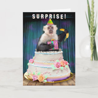 Funny Birthday Monkey Jumping Out of Cake Bananas Helgkort