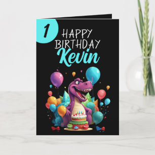 Funny Black and Teal Trex Boy 1st Birthday Kort
