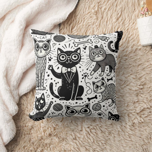 Funny Black and White Cat Mönster Pillow Kudde (Filt)