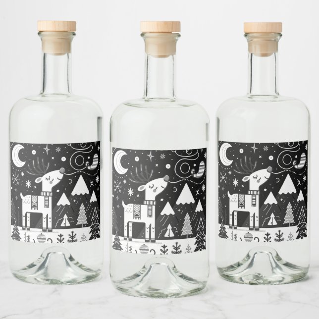 Funny Black and White Reindeer Mönster Spritflaskor Etikett (Flaskor)