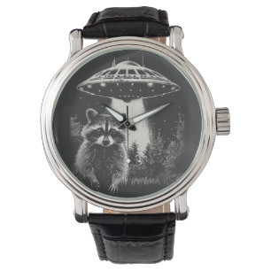 Funny Black and White Space Raccoon UFO Armbandsur