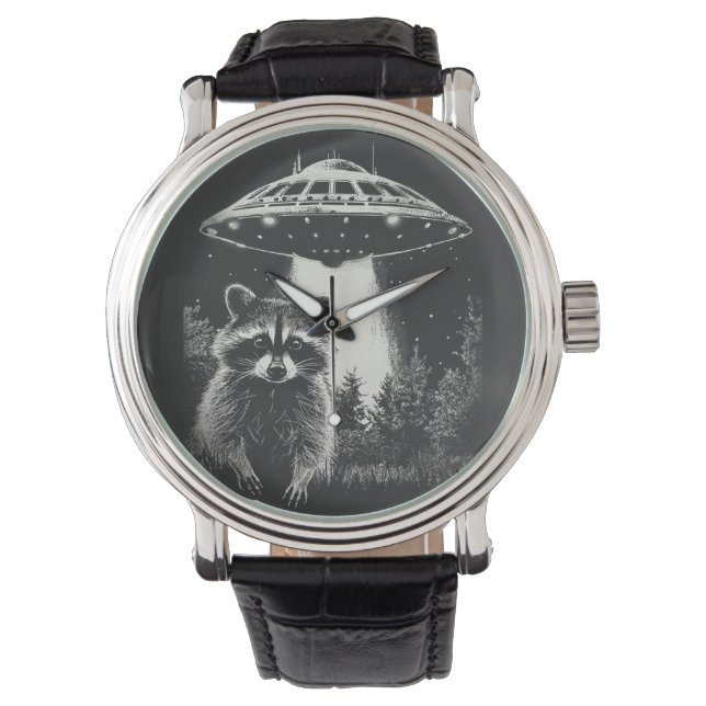 Funny Black and White Space Raccoon UFO Armbandsur (Framsida)