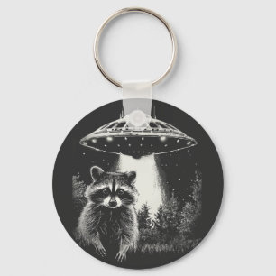 Funny Black and White Space Raccoon UFO Nyckelring