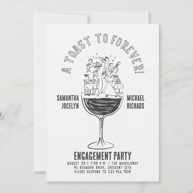 Funny Black and White Wine Glass Engagement Party Inbjudningar (Framsida)