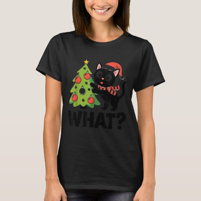 Funny Black Ca Pushing Christmas Tree Over Cat Wha T Shirt (Framsida)