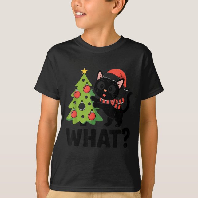 Funny Black Ca Pushing Christmas Tree Over Cat Wha T Shirt (Framsida)