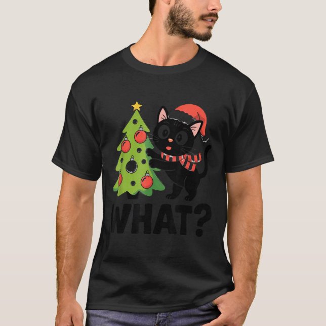 Funny Black Ca Pushing Christmas Tree Over Cat Wha T Shirt (Framsida)