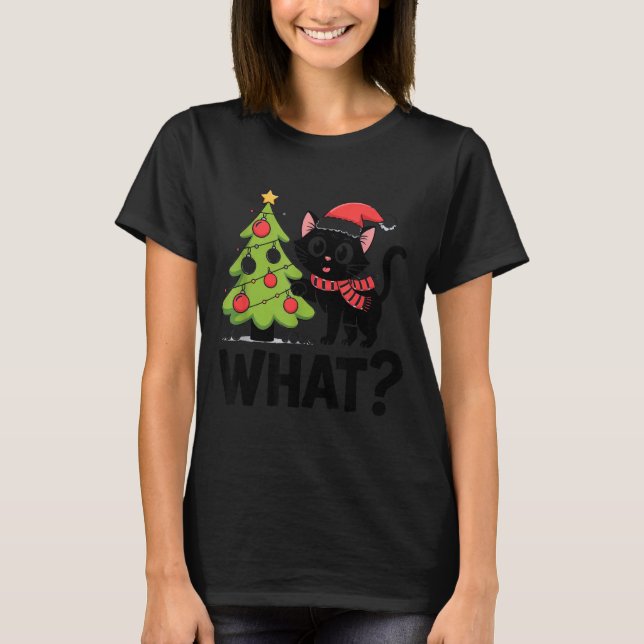 Funny Black Ca Pushing Christmas Tree Over Cat Wha T Shirt (Framsida)