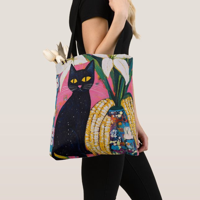Funny Black Cat and Flower Vase Tygkasse (Närbild)