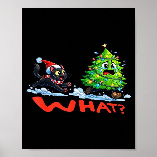 Funny Black Cat Chasing Christmas Tree Over Cat Wh Poster (Framsidan)