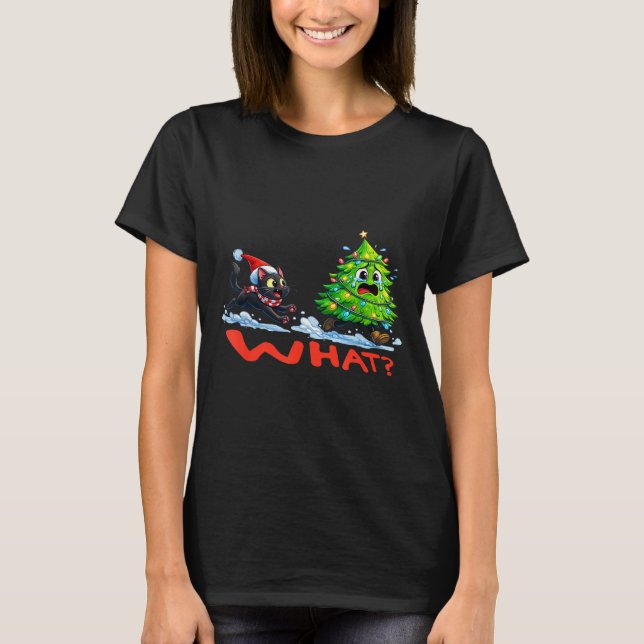 Funny Black Cat Chasing Christmas Tree Over Cat Wh T Shirt (Framsida)
